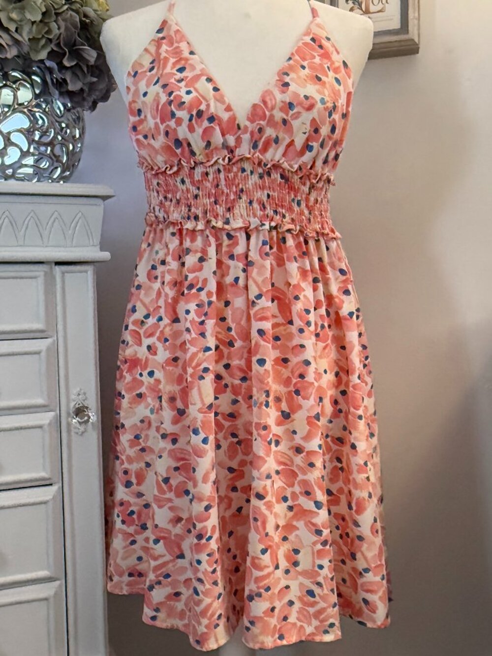 Coral Peach Floral Strappy Open Back Smocked Sundress SHEIN XL US 12